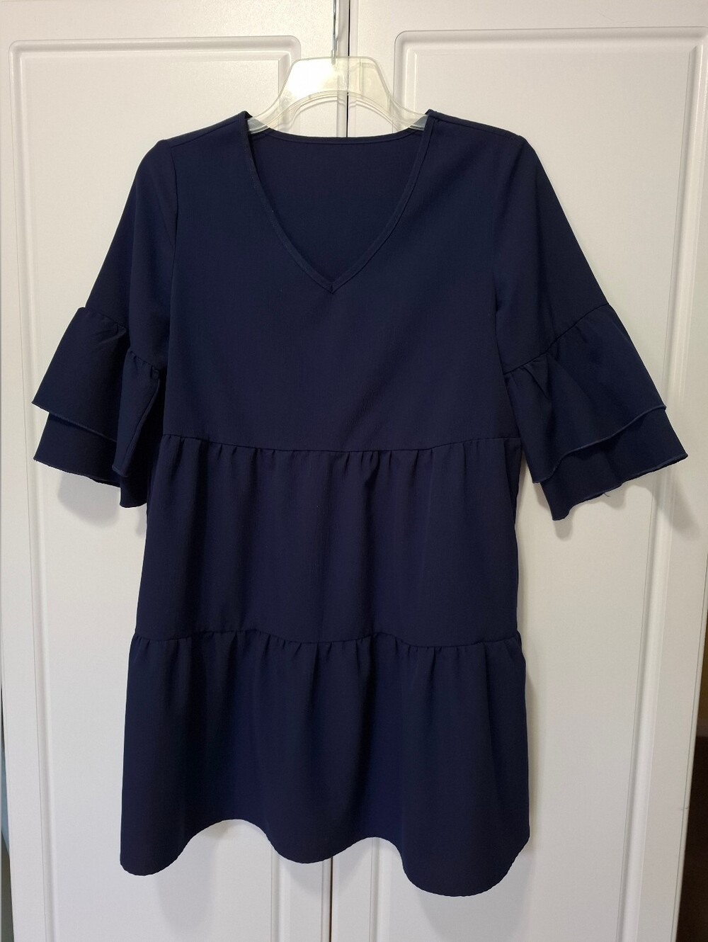 Navy V-Neck Tiered Ruffle Sleeve Women's Top